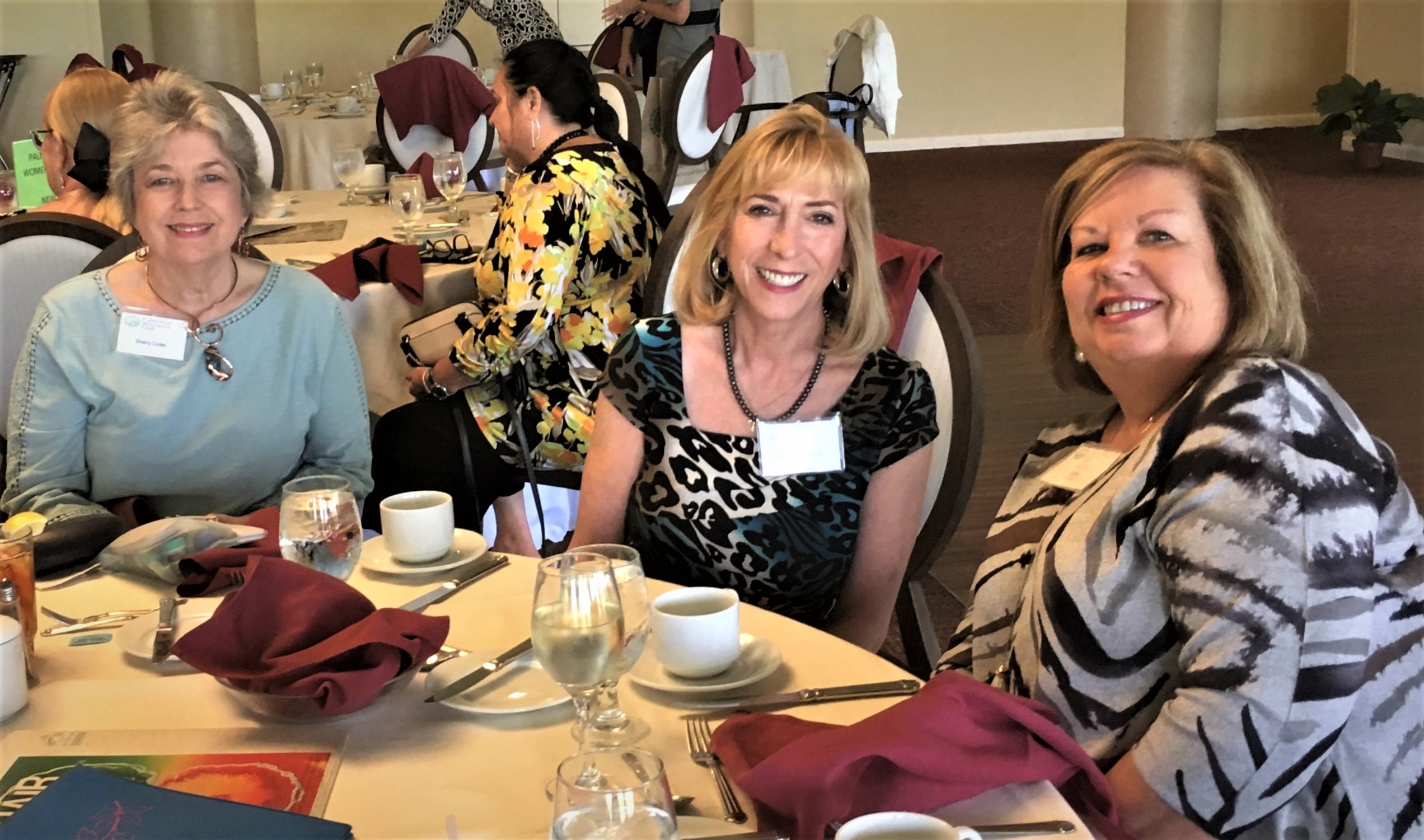 Sherry Coles, Michelle Crabtree and Karen Duncan socialize at the book sale luncheon.